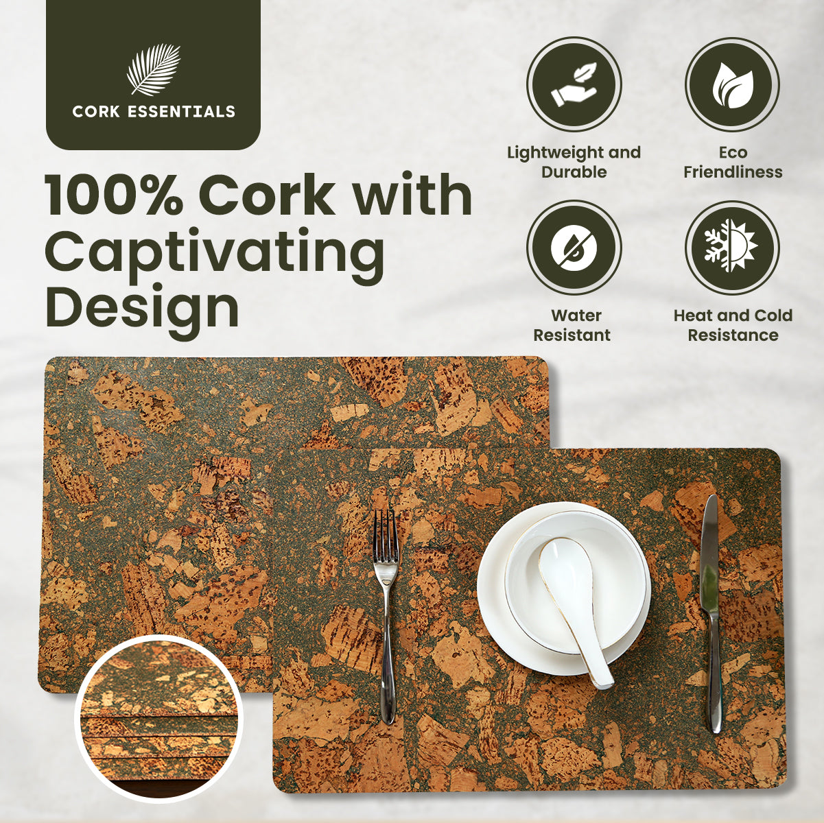 Eco-friendly olive textured cork placemat by Cork Essentials