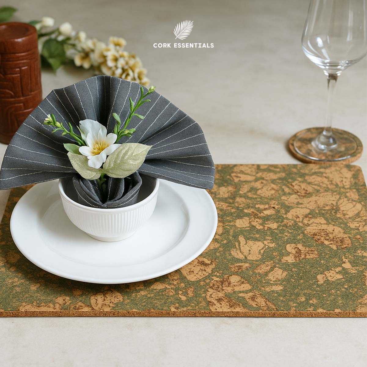 Table setting on olive textured cork placemat by Cork Essentials