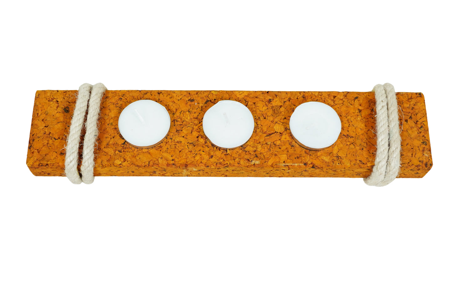 Flat 3-hole cork tea light holder front view