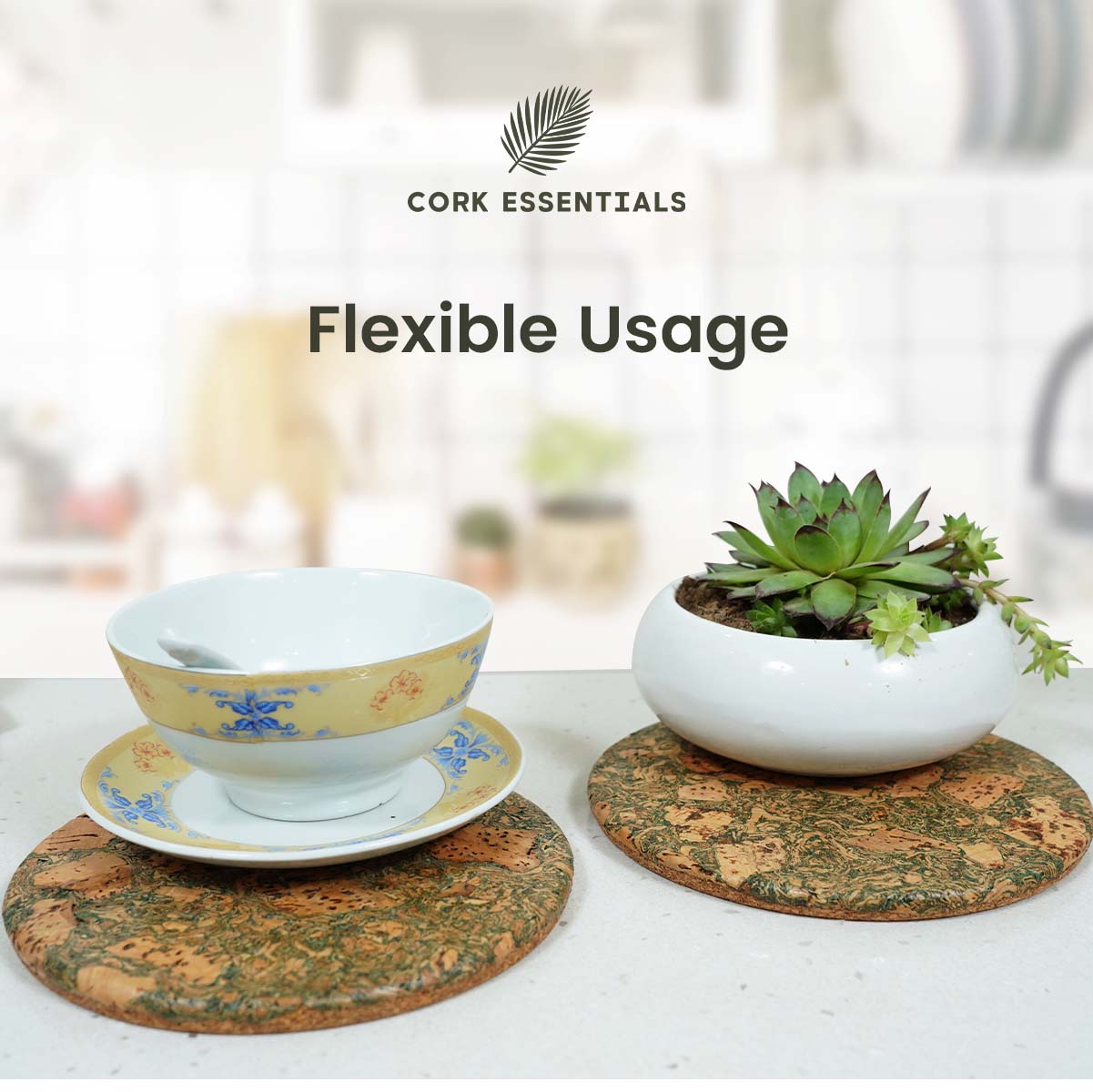 Flexible usage of olive textured round trivet by Cork Essentials