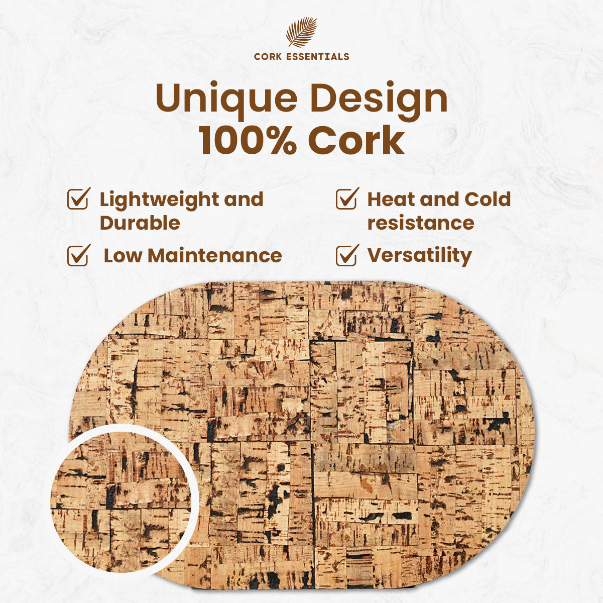 Unique design 100% cork oval placemat features