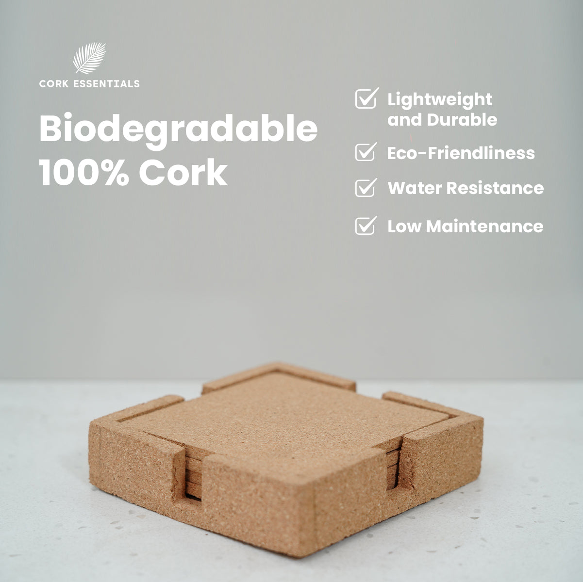 Biodegradable square coasters set with case by Cork Essentials