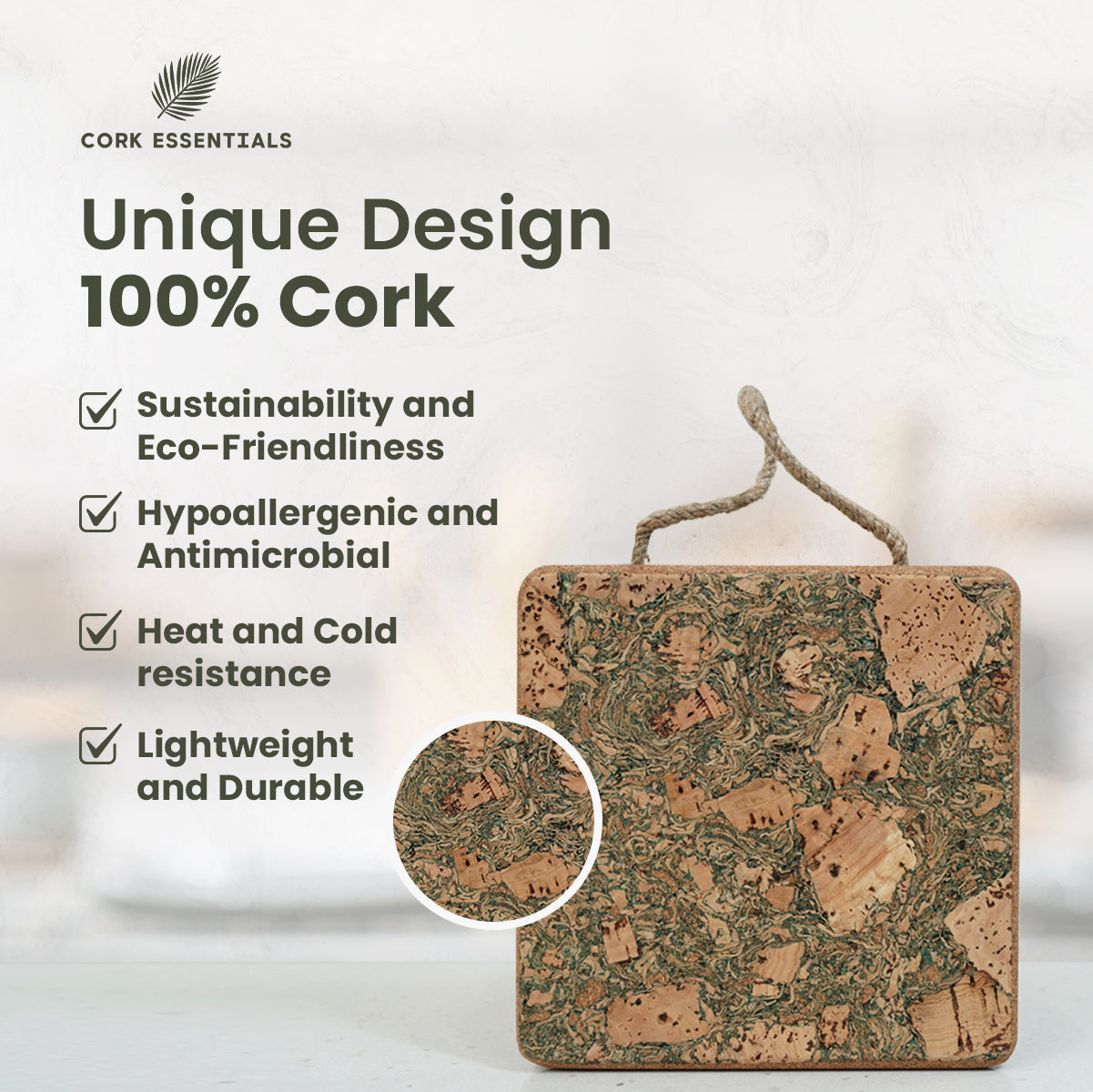 Square cork trivet with handle by Cork Essentials