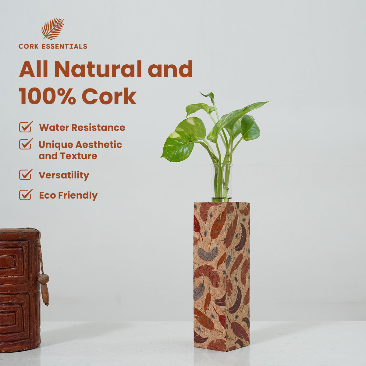 Cork Essentials natural feather test tube planter features