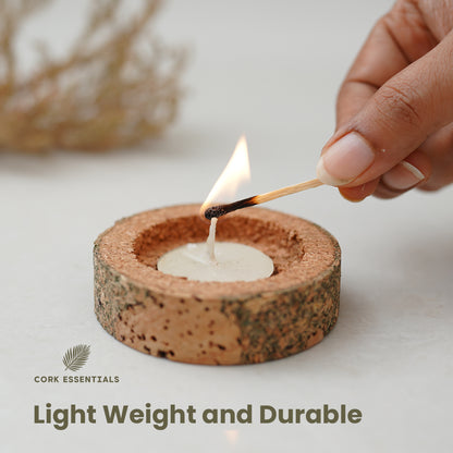 Lighting a cork tea light candle holder by Cork Essentials