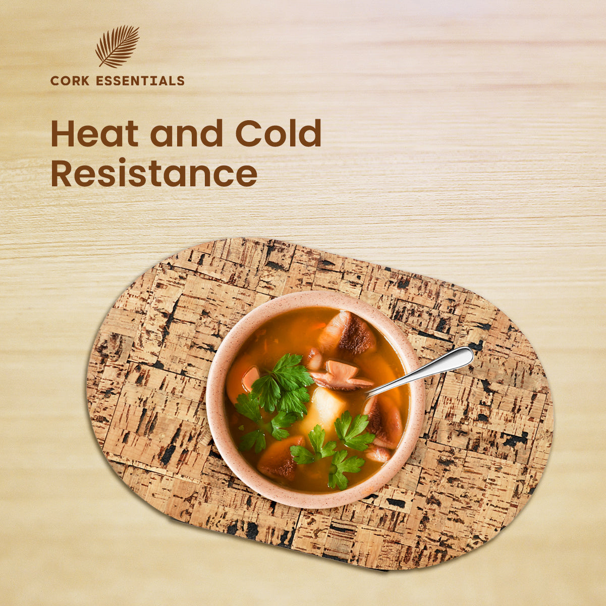 Heat resistant oval cork placemat with soup bowl