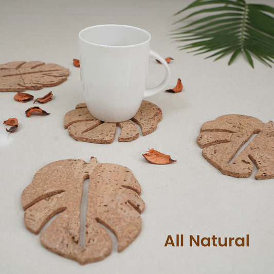 Cork Essentials natural leaf coasters with mug