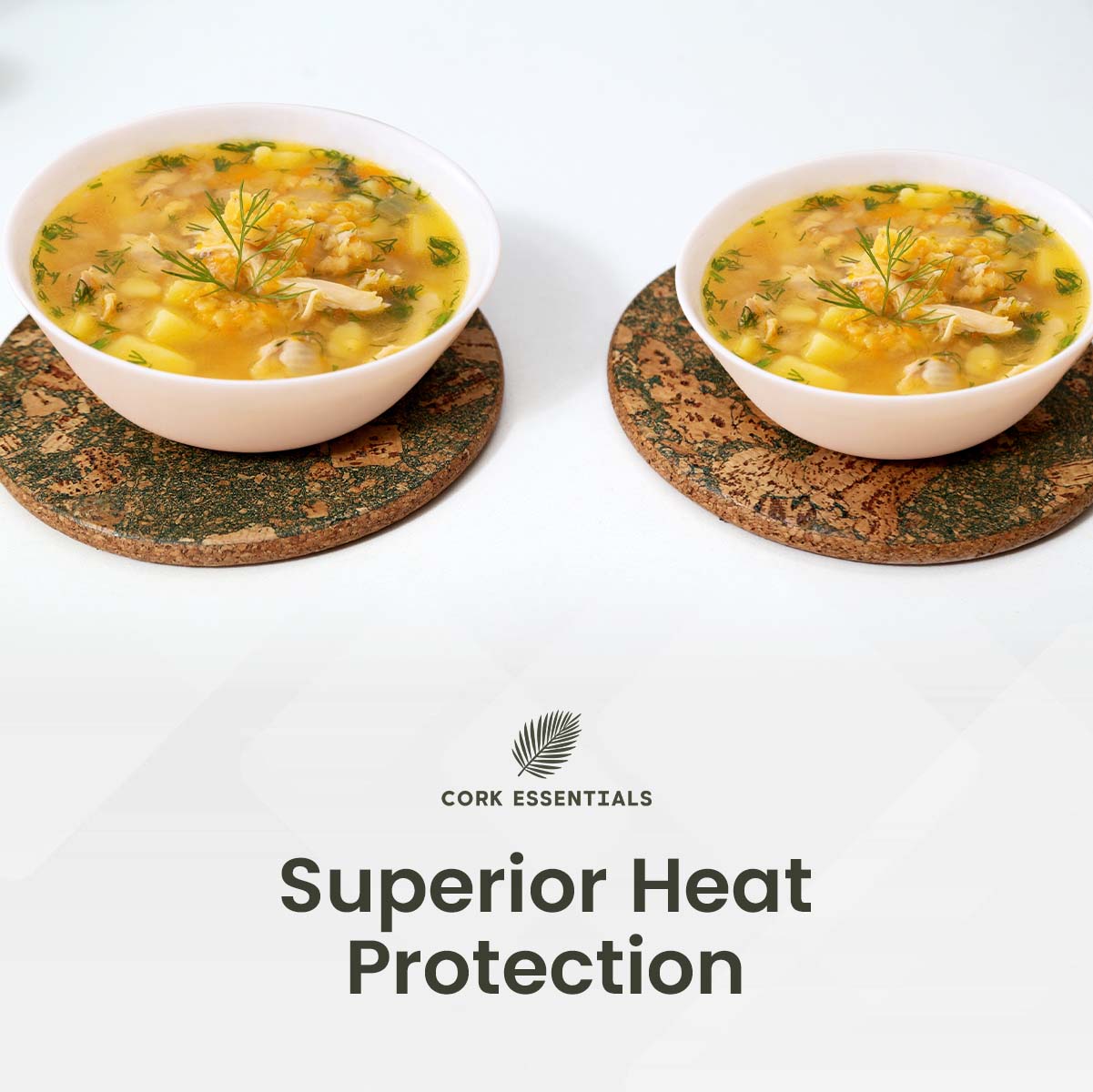 Soup bowls on olive textured round trivets by Cork Essentials