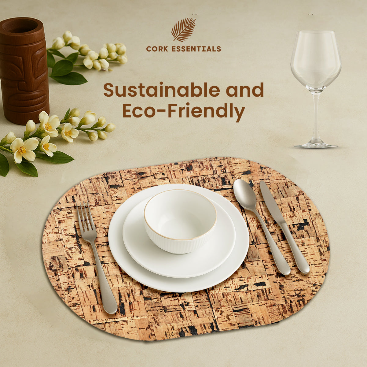 Sustainable eco-friendly oval cork placemat set