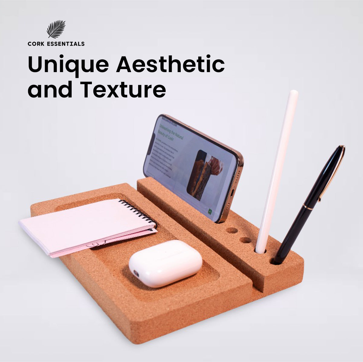 Unique texture cork iPad desk organizer by Cork Essentials