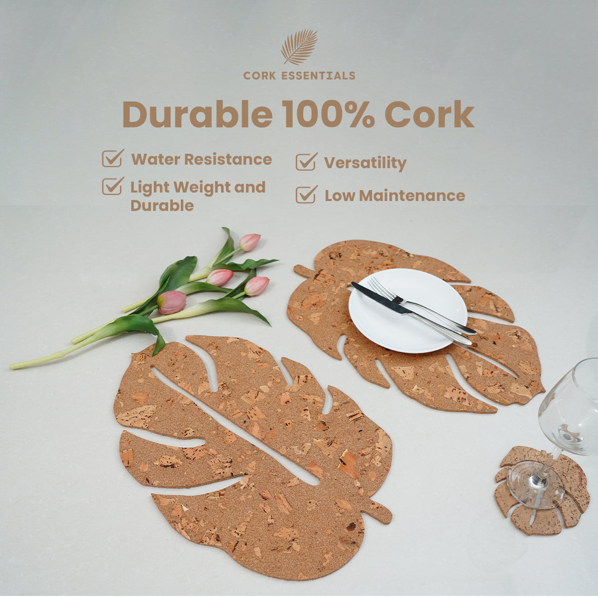 Cork Essentials durable leaf cork placemats set