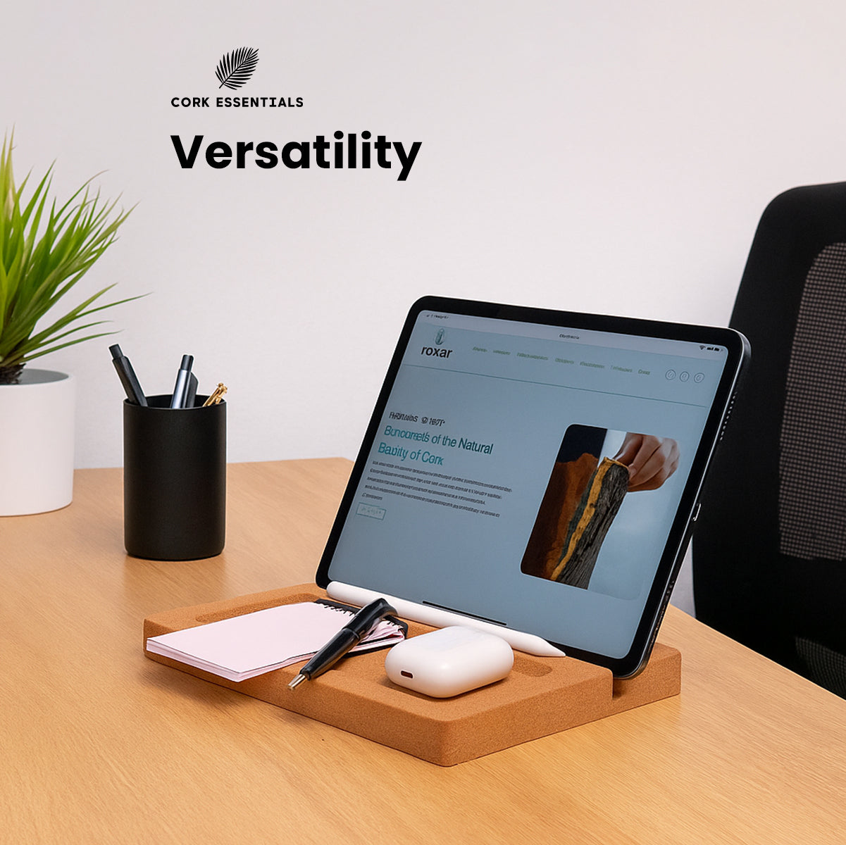 Cork Essentials versatile cork iPad desk organizer view