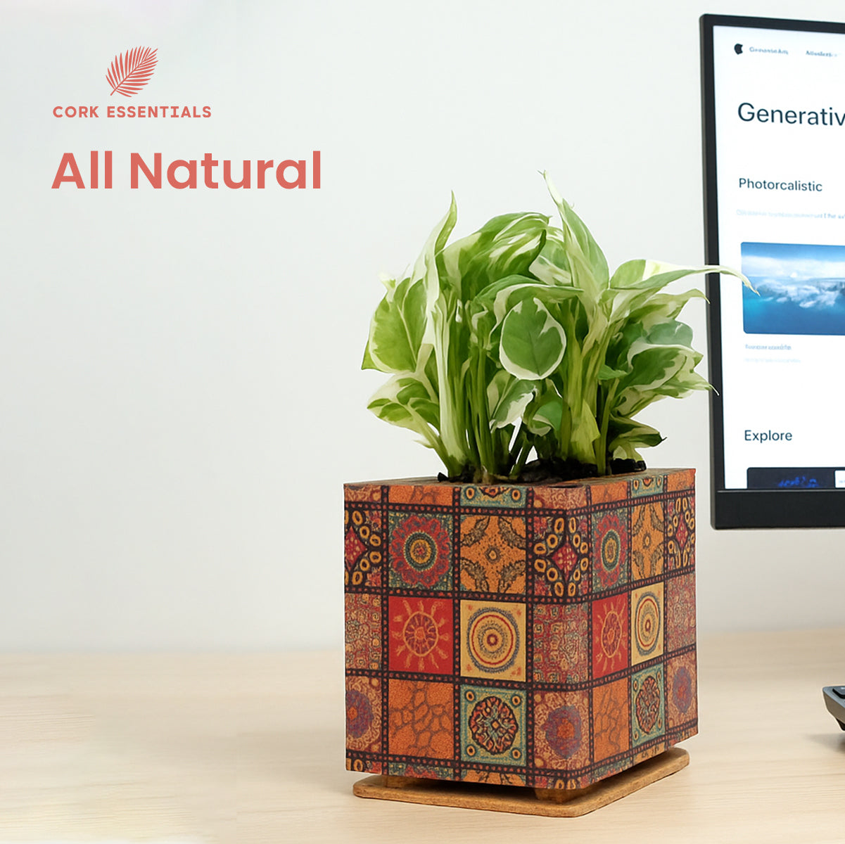 All natural mandala print cork planter by Cork Essentials
