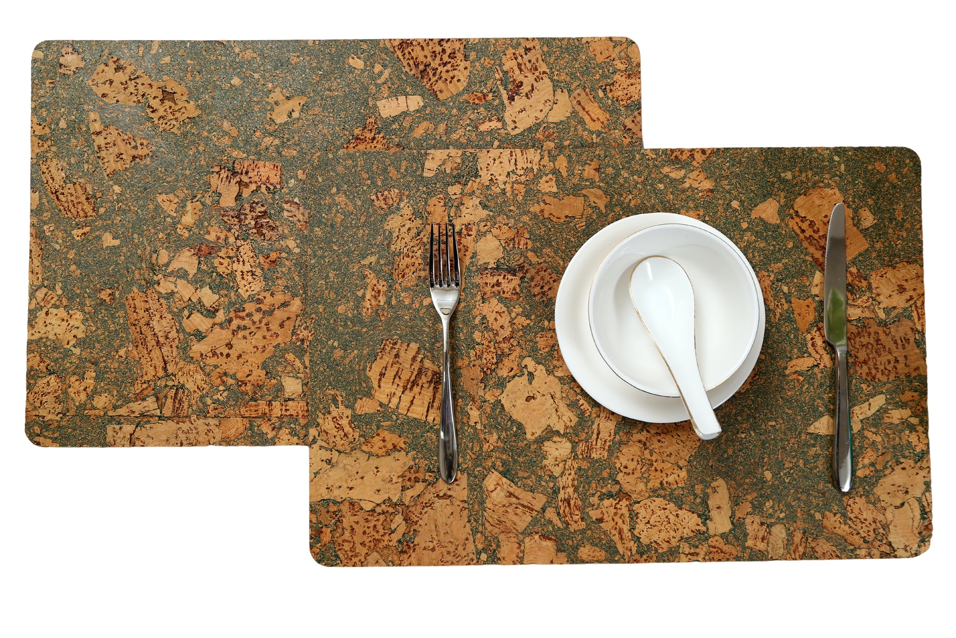 Two olive textured cork placemats by Cork Essentials
