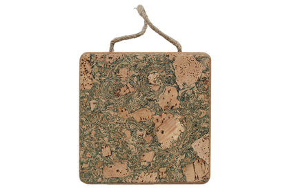 Square cork trivet with handle on white background