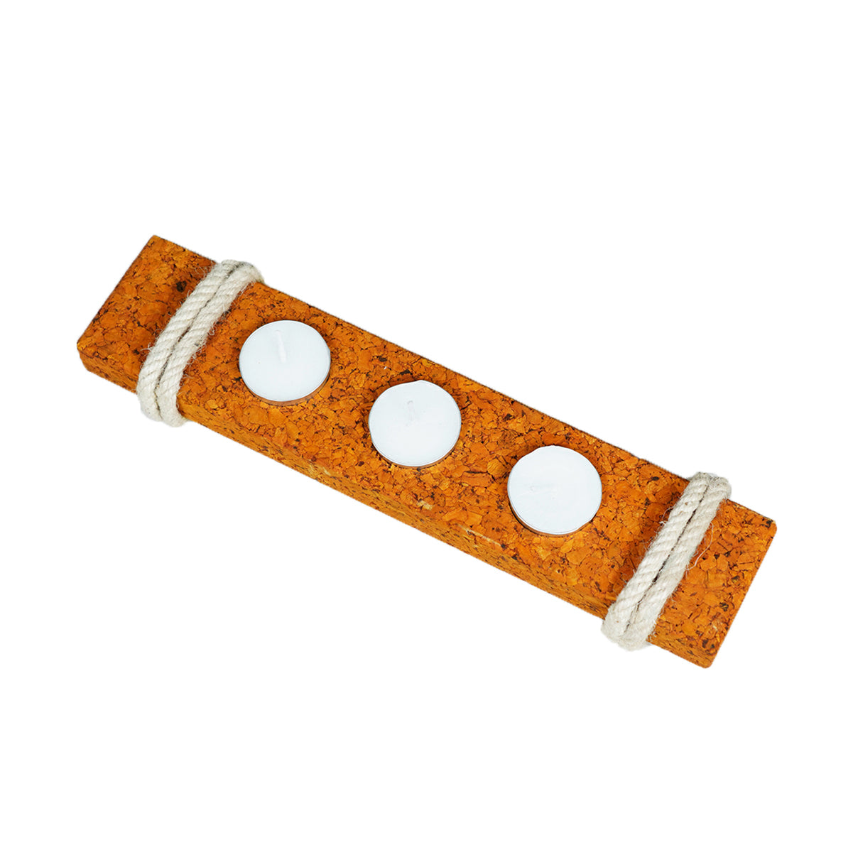 Flat 3-hole cork tea light holder on white background