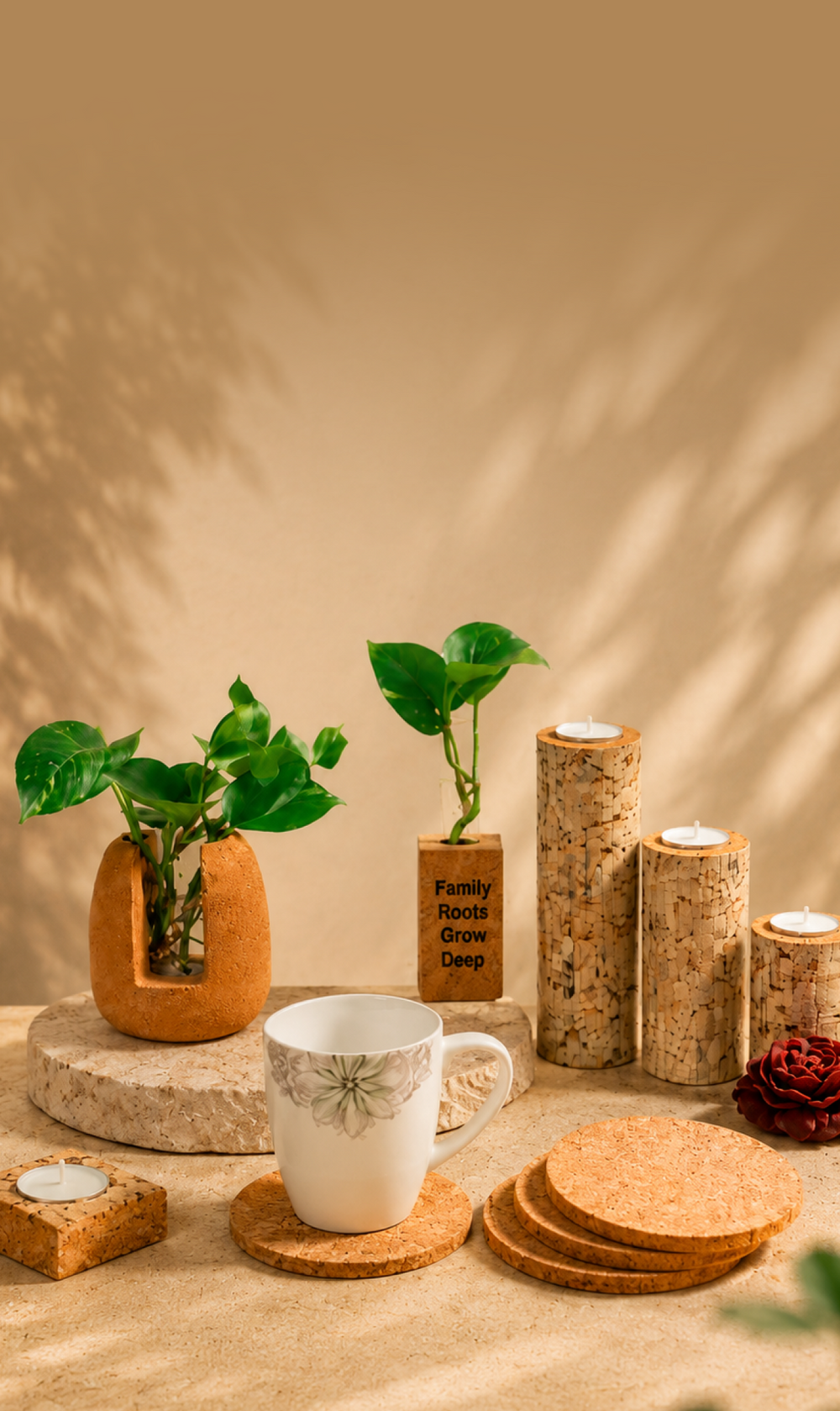 Cork Essentials cork planters, candle holders, and mug