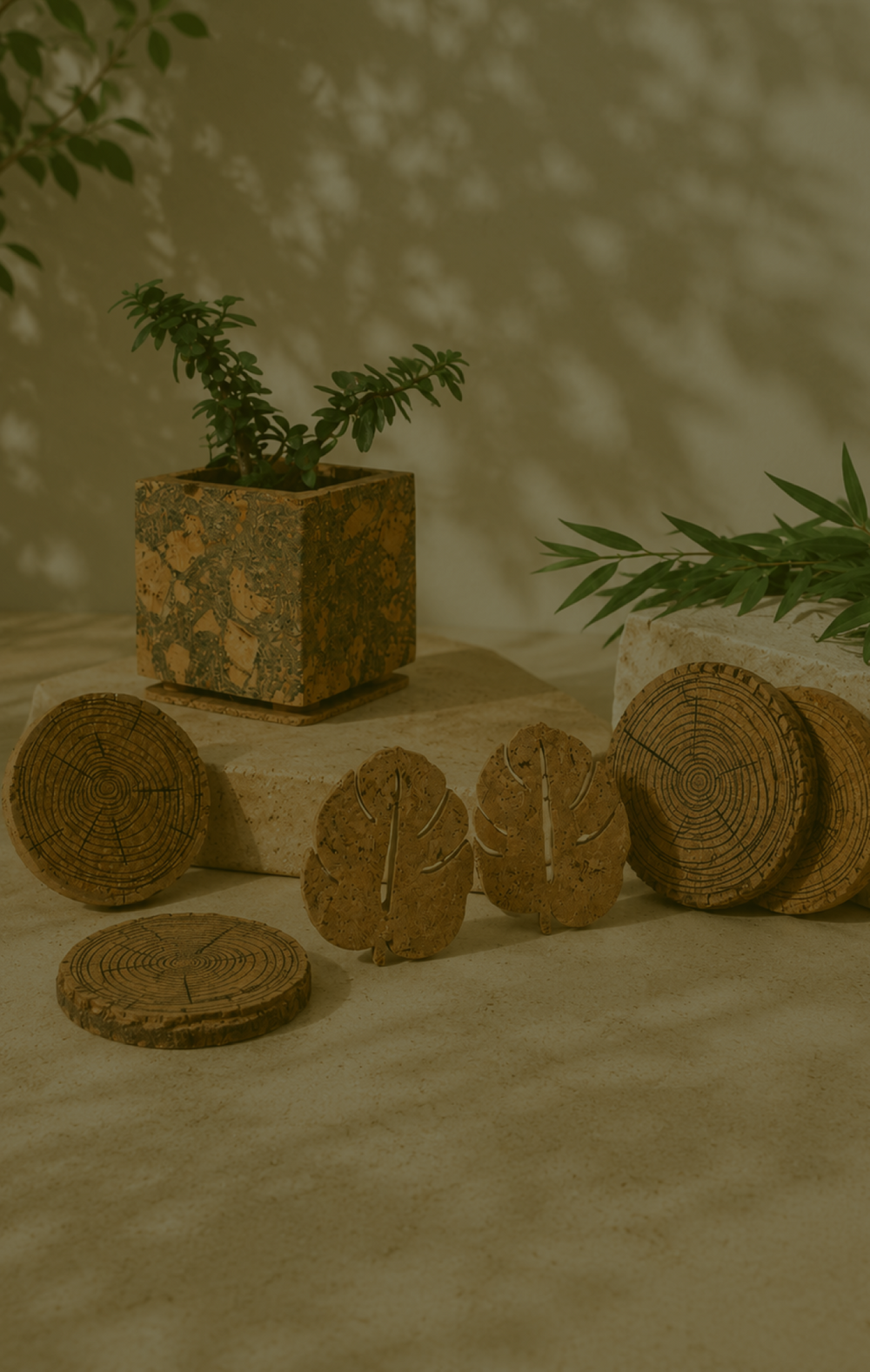 Cork Essentials leaf and wood-grain cork coasters