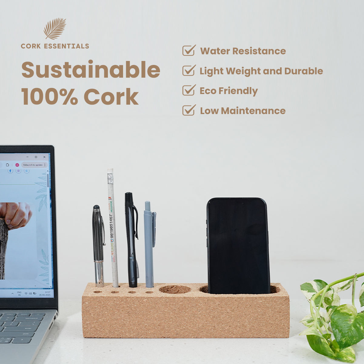 Cork Essentials features of desk organizer with pen holder