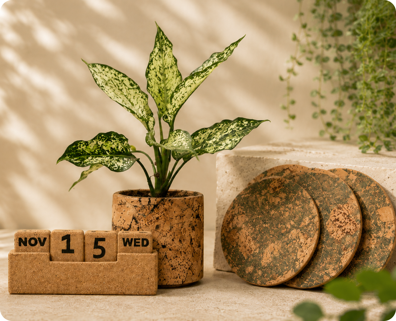 Cork Essentials cork calendar, planter and coasters