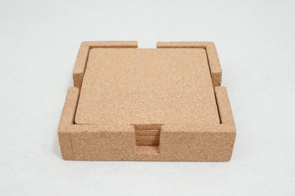 Compact square cork coasters set in holder case
